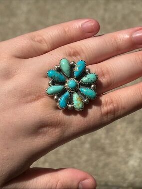Navajo made and signed adjustable turquoise cluster flower ring by Tricia Smith!